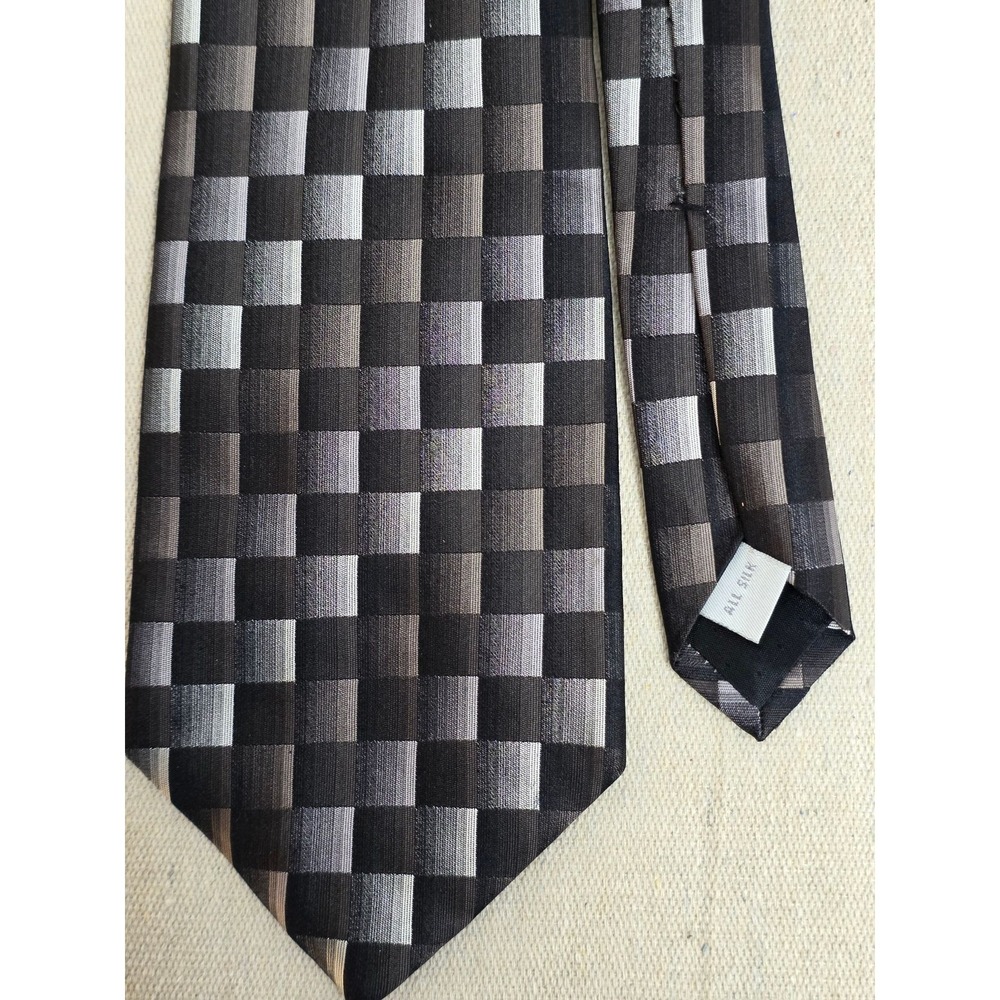 Burma Bibas Mens Silk Necktie Black Grey Silver Geometric Checkered Grid Pattern - Picture 3 of 6